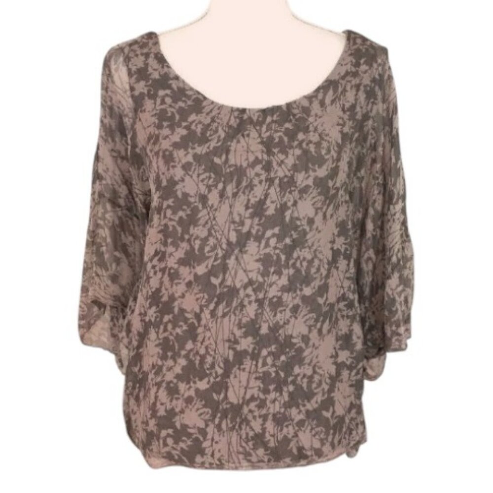 Piazza Roma taupe floral silk blouse size M